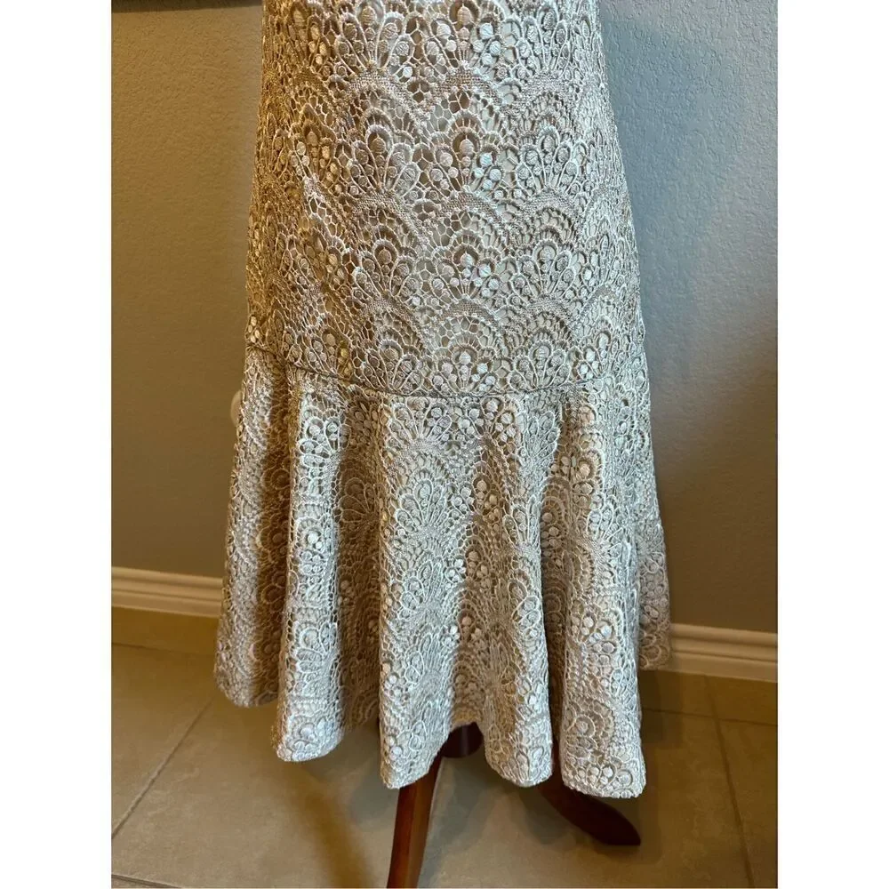 NWT Y2K Badgley Mishcka Strapless Lace Ivory Gold Midi Dress Women Size 6 SC1280